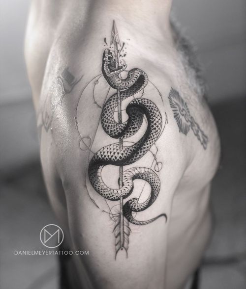 A snake struck by an arrow before biting his neck. A symbol for overcoming addiction. Los Angeles bo