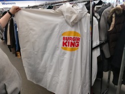 randomitemdrop: shiftythrifting: what I could only fathom as a burger king poncho, for whatever reason Item: Poncho of the Burger King; when draped over an item and left for ten minutes, the item will be flame-broiled to perfection. Great for turning