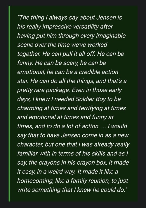 justjensenanddean:  Eric Kripke talking about Jensen and how talented he is (x)