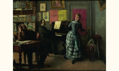 Robert Saureau (XIXe siècle) - Le marchand de Partitions, huile sur toile, 89 x 116 cm