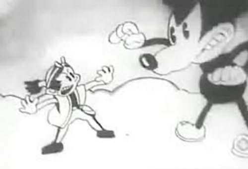 A bizarro Mickey attacks Japan in this Japanese propaganda cartoon from the 1930s.