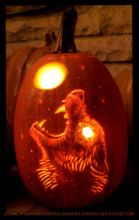 lycantherapy:  Time for the Annual werewolf Jack o’ Lantern!  This one was very small (My hand barely fit inside) and that provided me with new challenges.  I also tried to photograph this one so it better showed the pumpkin, which was a bit of an