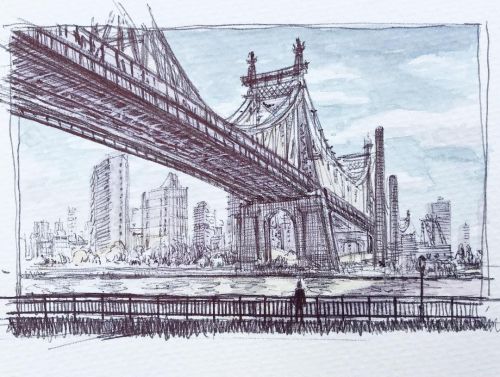 A little en plein air sketch from yesterday. Looking up at the Queensborough bridge from LIC. Ballpo