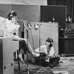 60sfactorygirl:Mick Jagger and Keith Richards at the Olympic Sound Studios while making Jean Luc Godard’s semi documentary movie ‘Sympathy for the Devil’, June 1968. Photo by Keystone Features.