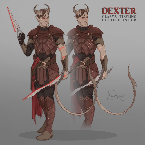 my new DND character; Dexter. He’s a glasya bloodline tiefling, bloodhunter class !Do NOT re