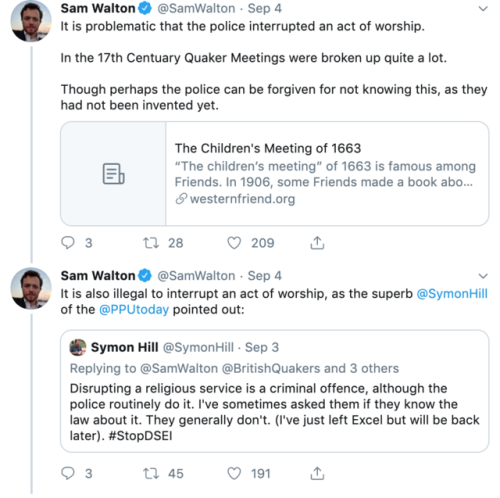 quakerism:Twitter thread by peace activist Sam Walton about police response to British Quakers prote