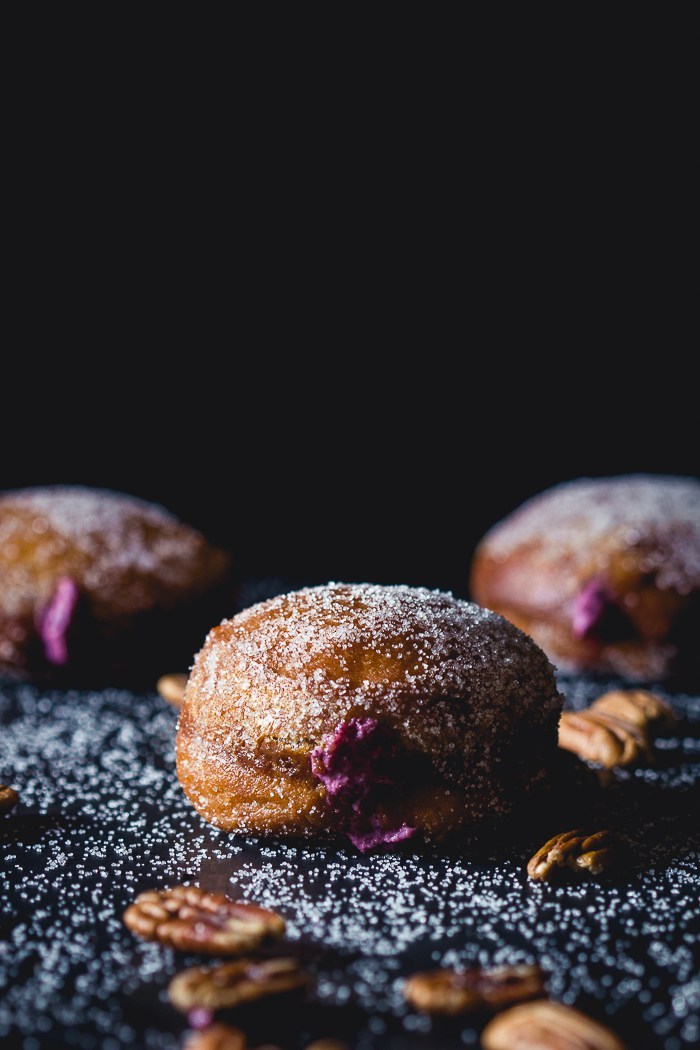 sweetoothgirl:   Maple Pecan Doughnuts with Blueberry Mascarpone Filling 