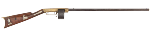 15 shot hand rotated percussion revolving rifle crafted by Alexander Hall, .38 caliber, New York Cit