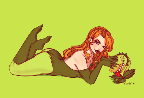 fyeahpoisonivy:  powerdrain:  Poisonous Pet by EddieHolly  [Image: A full color illustration of DC comics character Poison Ivy. She is lying on her stomach in front of a little venus fly trap like plant.] 