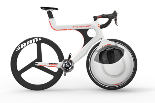 cyclivist:   grahikaru: Transport bike with front wheel storage compartment  This is wild. Very futu