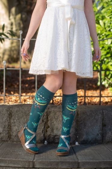 *NEW* - Mystic Moth Glow in the Dark Knee HighsTeal knee highs are dotted with stars and moths, whic
