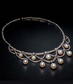 Fawnvelveteen:    Pearl, And Diamond Necklace, European, C. 1880. Necklace With Ten