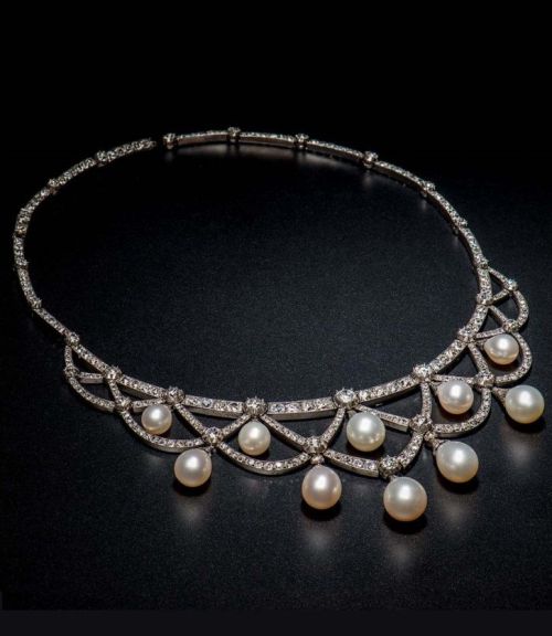 fawnvelveteen:Pearl, and diamond necklace, European, c. 1880. Necklace with ten pearl drops each cap