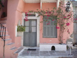 Greek-Blue:  Pink House In Santorini, Cyclades Greek + Blue 