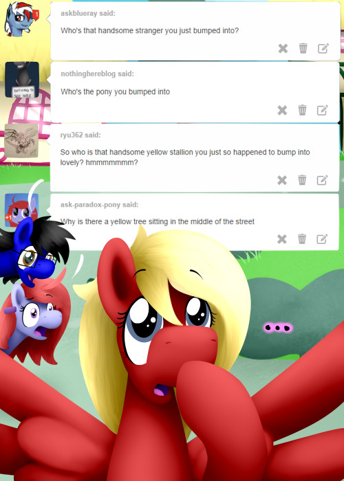asklovelylaughter:   Featuring ryu362, ask-paradox-pony, and askshramper, all of whom are invited to dress up and get free candy with me, I guess. -sighs dreamily- Blueheart…  x3!