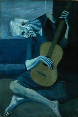 2dconnor:  Color in image can be used to great effect to generate mood. Pablo Picasso’s 1930 “The Old Guitarist” generates a mood of depression and sadness. It does this through its use of cool blues and grays in order to sedate the viewer. 