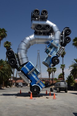 A new piece of art being installed down town at the old Ferguson Hotel. The metal tower in the back has a history not many locals know. There used to be a siren mounted on top and before the Nevada Test Site blew up an above ground nuclear bomb it would
