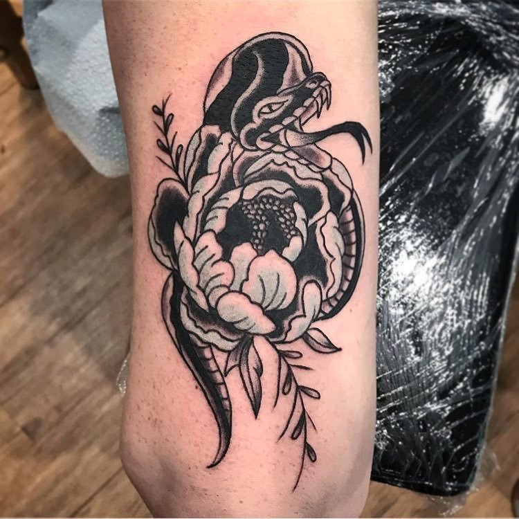 Peonies and snake First tattoo and so happyDone by Scuba Steve at  Visionaries on Main at Manasses VA  rtattoos