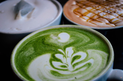 Matcha Green Tea Latte, Caramel Latte, Raspberry Truffle LatteRoll Play Cafe, Toronto