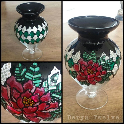Vase I painted for my mums 60th birthday present. .. #deryntwelve #glasspainting #peony #vase #trell