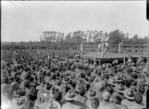 back-then:A large crowd of World War One soldiers watching two boxers sparring in a ring, during the