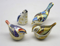 designobjectory:Three Royal Crown Derby bird paperweights ‘Mountain Bluebird’, 'Fire Crest’ and 'Gold Crest’