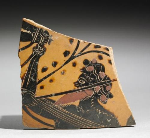 cma-greek-roman-art:Fragment of a Painted Vase: Head of a Satyr, 520, Cleveland Museum of Art: Greek