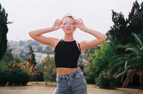 americanapparel: Jessie wearing the Cotton Spandex Jersey Sleeveless Crop Top, Stone Wash High-Waist