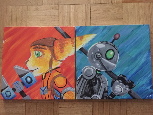 askalombax:  BROTHERS IN ARMS  Ratchet and Clank, two 12x12 stretched canvas, acrylic, Posca  2016 