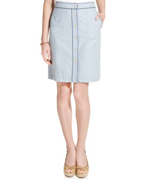 Tommy Hilfiger Button-Front Contrast-Trim Chambray Pencil Skirt