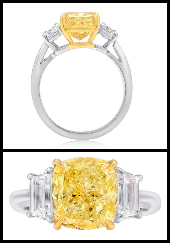 Diamonds in the Library — Fancy Intense Yellow Cushion Cut Three Stone ...