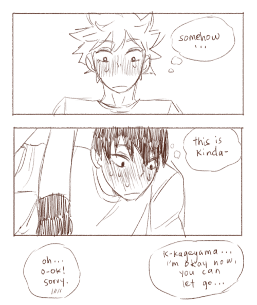 ohmilk: Anonymous asked milkbois: “If you still need ideas maybe a picture with Kageyama and Hinata stretching after practice and Kageyama gets flustered because Hinata is really flexible so he gets dirty thoughts?”