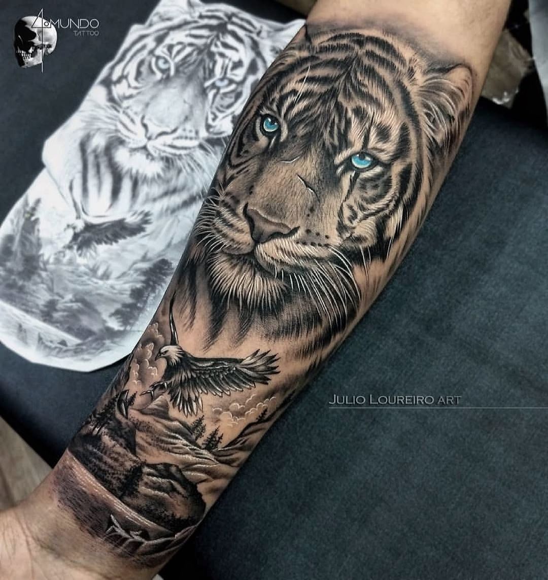 Microrealistic tiger tattoo on the forearm