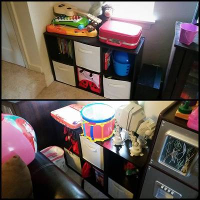 Molly helped me build some shelves today so we can keep all of our toys organized. She’s actually getting good with the ratchet screwdriver, but we need to work on hammering.