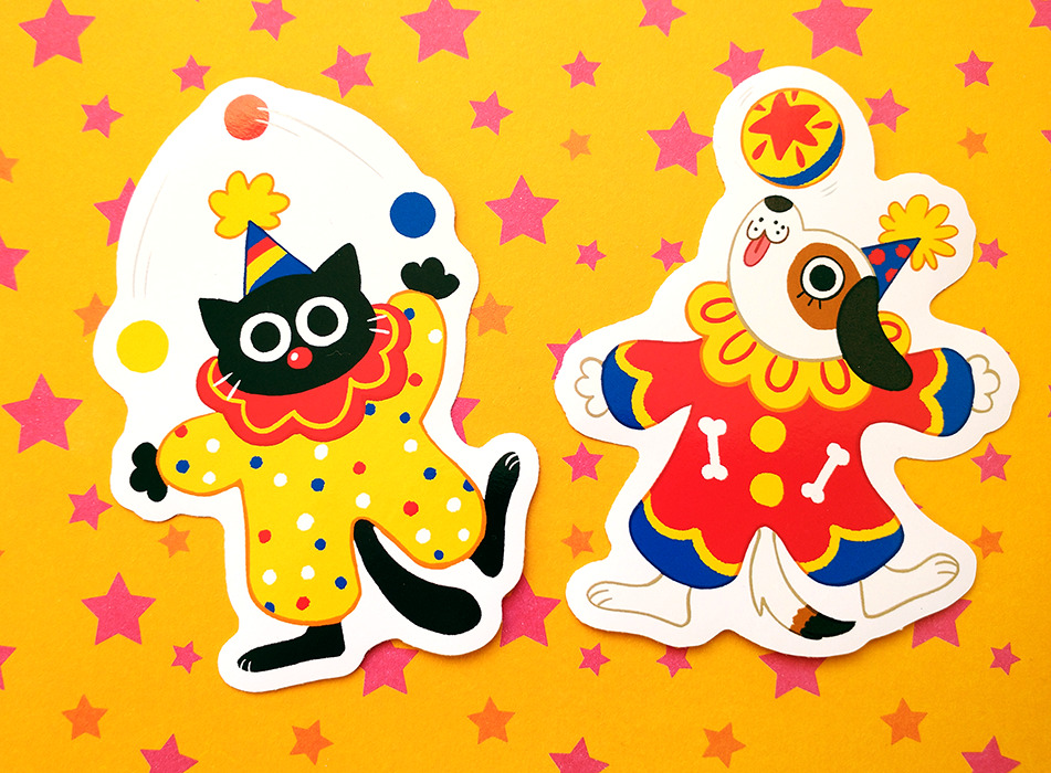 Shop update! Clown cat is back and he brought some friends! My new stickers are available on my Big Cartel and Etsy 