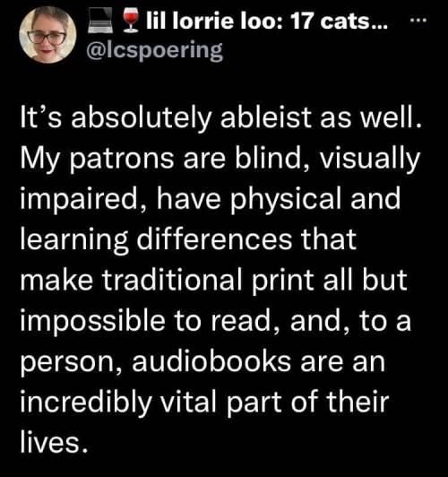 ayellowbirds:moniquill:Image description: a series of tweets from Randi Jo Dalton, reading,“As a Mohawk librarian, when I defend audiobooks, it’s personal. My people were telling stories orally long before stories came packaged in book form. There