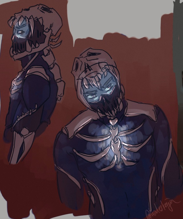 two drawings of xisumavoid in blue/violet hues against a reddisu background. he's in armour made of bones, including a skull that functions as a helmet