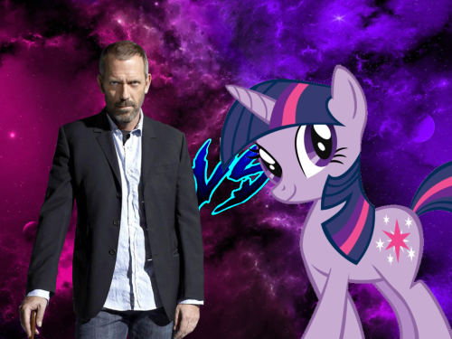 Image Description: Gregory House and Twilight Sparkle, up against a pink and purple space background, with the letters V S between them.