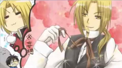 khr1410:  I’ve been obsessed with the Lucky Star parody, the opening song was changed to match Fullmetal Alchemist. At 1:44 there was this &frac14; of second flash of this pic and I was thinking: omg Ed.. wow XD