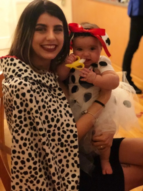 So Olenna and I were Cruella de vil and a Dalmatian ! Happy first Halloween my baby girl ! Please do