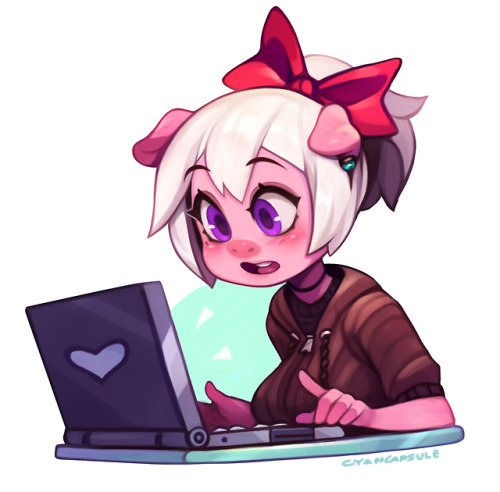 cyancapsule: Emelie playing some games and browsing the web on her laptop! Maybe she’s reading your comments. These images and more can be bought as stickers over at https://society6.com/cyancapsule !See some pictures of the stickers and read my thoughts