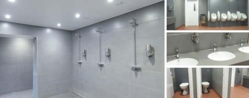 Men’s shower and bathroom at Crowborough Golf Club in Crowborough, UK.The men’s washroom