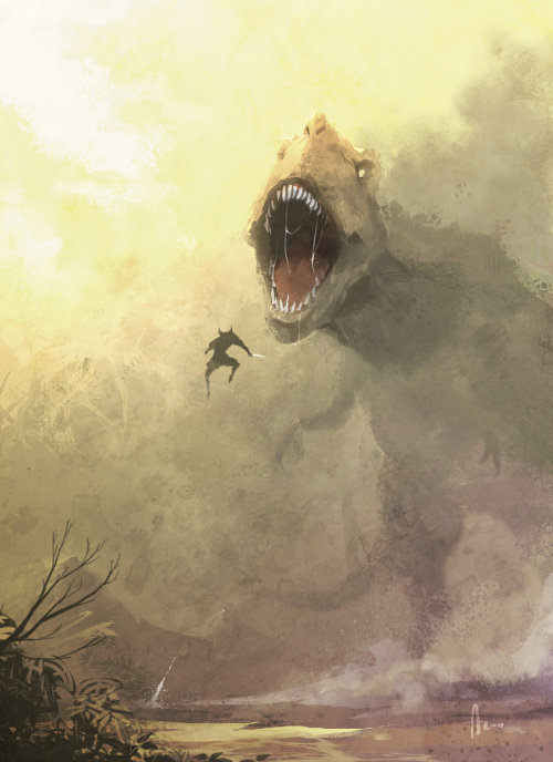 fhtagn-and-tentacles:WOLVERINE VS. T-REX by Andrew Hou