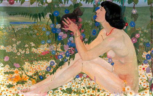 labellefilleart: Nude in a Landscape with Flowers, Guido Cadorin