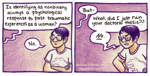 pigeonbits:A couple panels I like from the minicomic about nonbinary gender I’m working on.  Still o