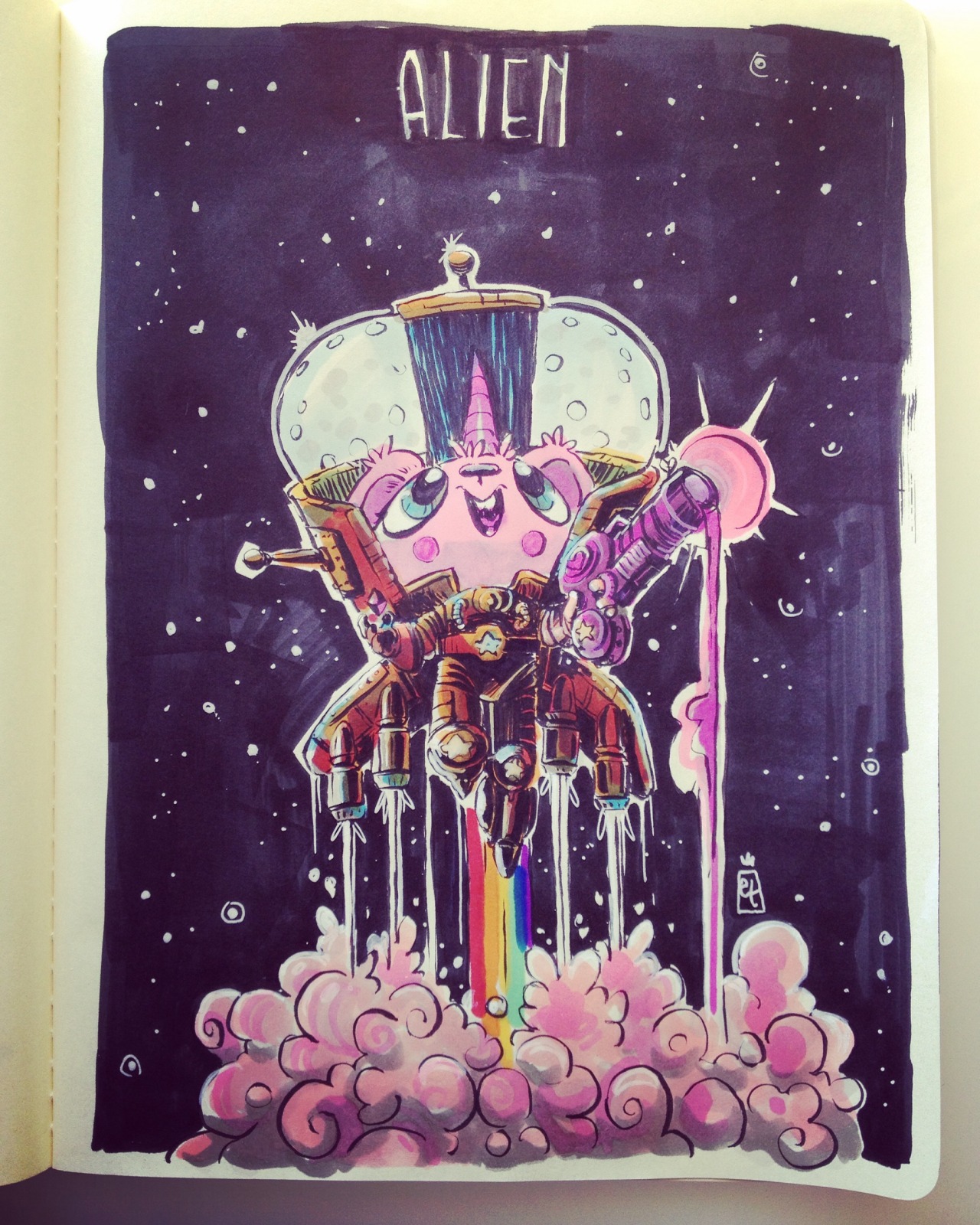 Day 10 of Inktober and Drawlloween. Today’s topic was Alien. Decided to make it a cute, pink, unicorn horned bear-like space alien. It’s carrying a glitter gun and wears a rainbow metal space suit. Aliens don’t always have to be scary, cute can be...