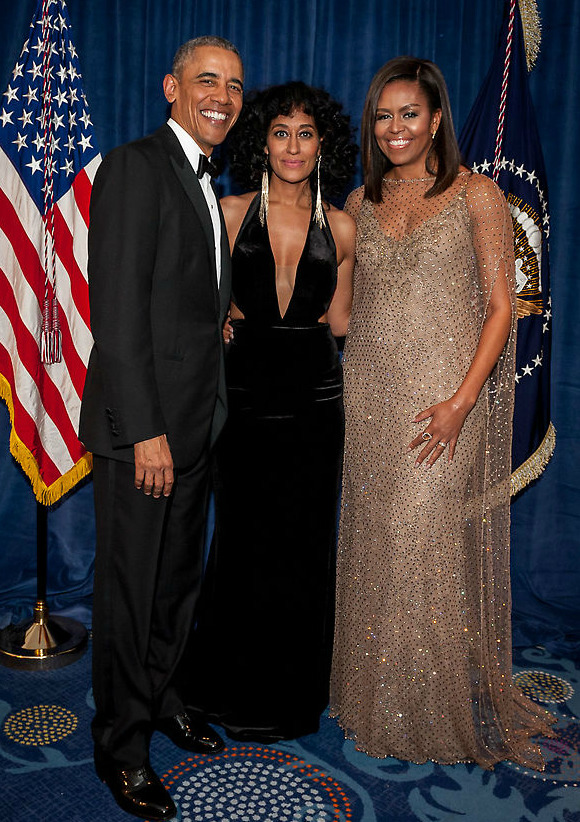 accras:  Tracee Ellis Ross with President Obama and the First Lady at the 2016 WHCD.