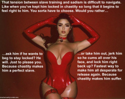 The tension between slave training and sadism is difficult to navigate. Like when you’ve kept him locked in chastity so long that it begins to feel right to him. You sorta have to choose. Would you rather……ask him if he wants to beg