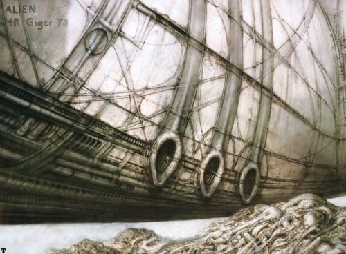 Pilot And Derelict Ship Concept Art By H. R. Giger For ALIEN (1979).