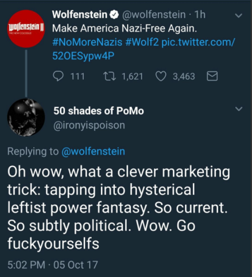 sarahsyna:  Wolfenstein, for those who don’t know, is a videogame series with soon to be eleven entries in the series, all of them entirely centred around killing Nazis ever since the very first game in 1981. ‘way to make it political’ buddy do